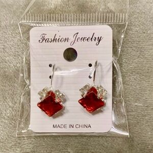 Red Square Crystal Dangle Earrings with Clear Accents